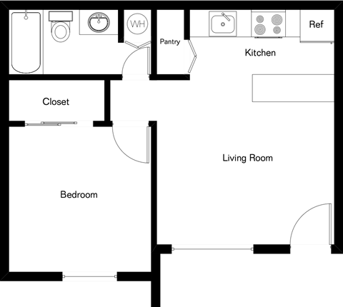 A black and white floor plan of a small apartment with a kitchen, living room, bedroom, and closet.